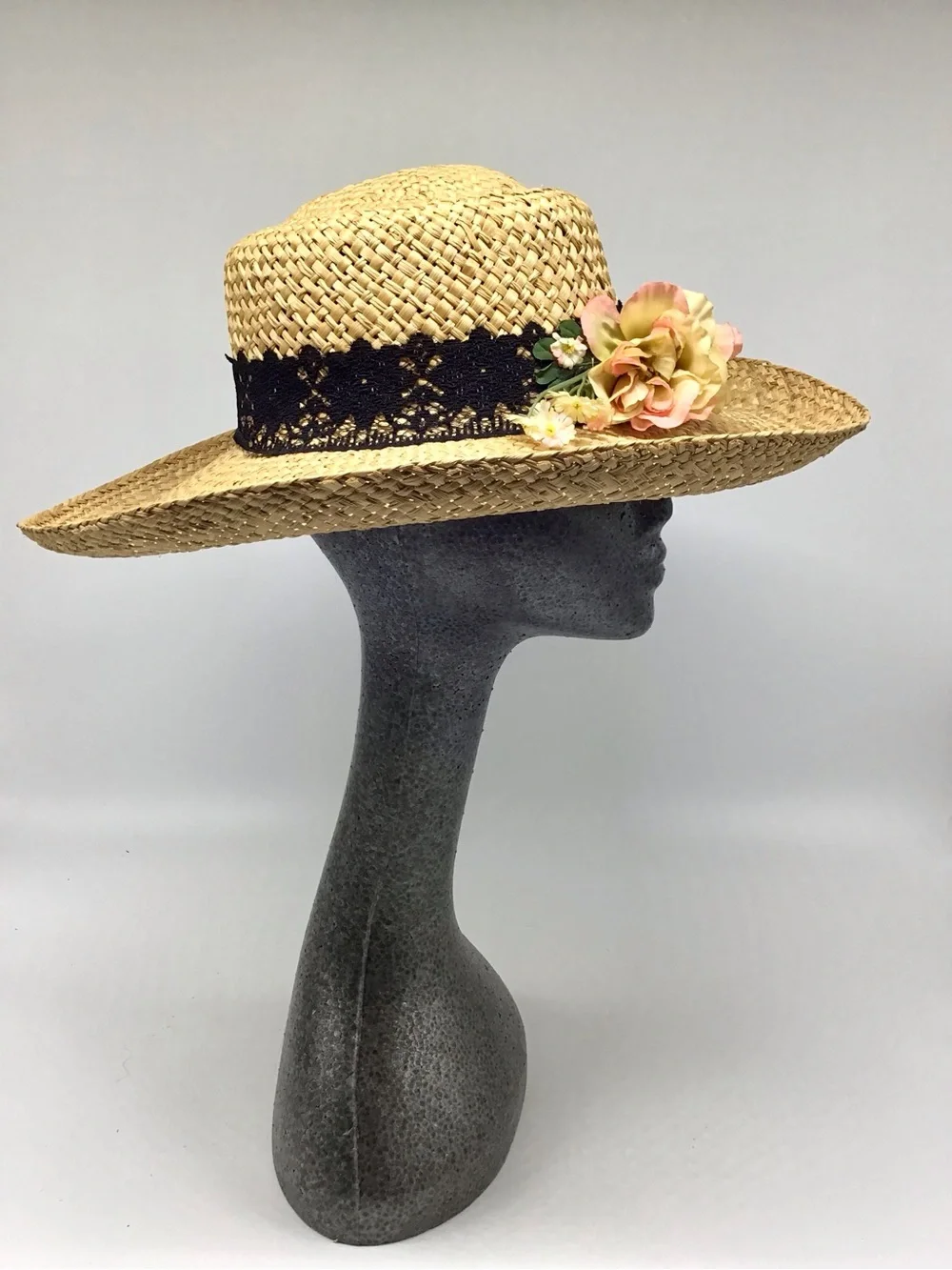 Straw Sun Hat with Peach Floral Trim
